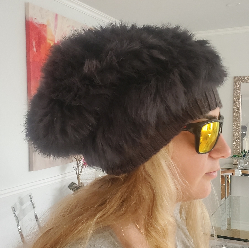 RUDSAK Gray Rabbit Fur Slouch Knit Rabbit Fur Beret Hat